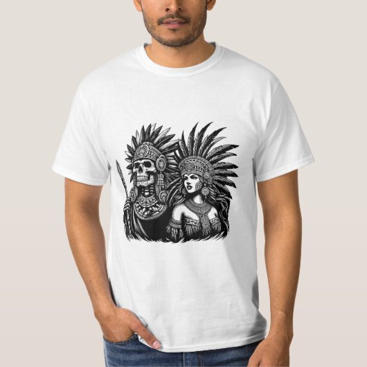 スケルトンアステカウォリアーとプリンセスの女性アート Tシャツ (正面)
