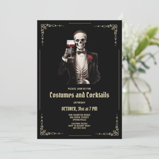 スケルトンアダルトハロウィーンカクテルパーティの招待状 シーズンカード (スタンド正面)
