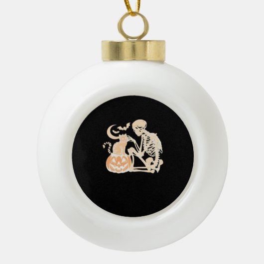 スケルトンキャットスカル子猫キュートハロウィーンデザインクラ セラミックボールオーナメント (正面)