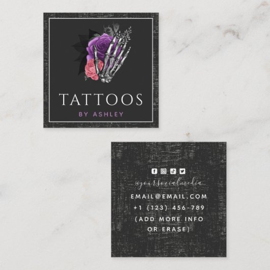 スケルトングランジハンドフローラバラタトゥーアーティスト スクエア名刺 (正面/裏面)
