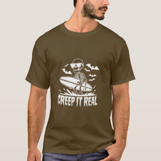 スケルトンサーフボードとこうもりのハロウィン飛んでいる Tシャツ