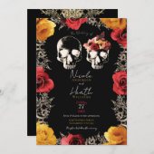 スケルトンスカルレッドイエロー秋フローラ結婚ズ 招待状 (正面/裏面)