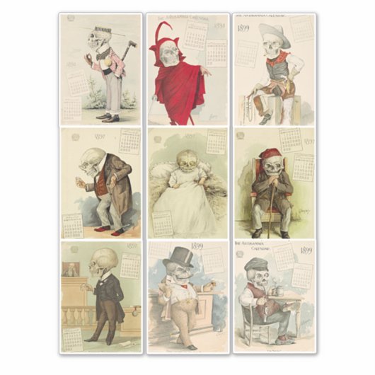 スケルトンスカルヴィンテージ1800sカレンダーアート シール (正面)