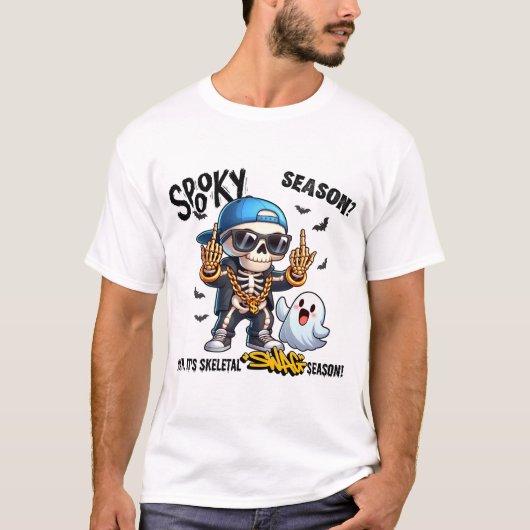 スケルトンスワッグハロウィーンの姿勢 Tシャツ (正面)