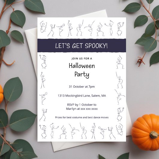スケルトンダンスハローウィンパーティの招待 – 白 招待状