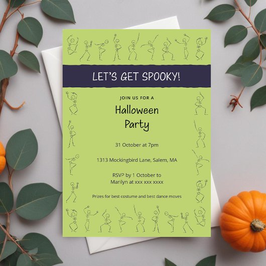 スケルトンダンスハローウィンパーティの招待 – 緑 招待状