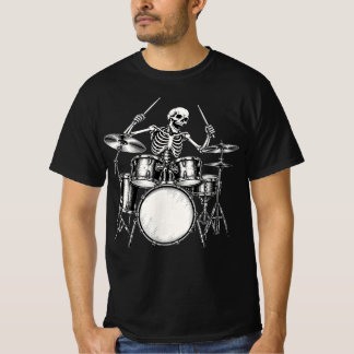 スケルトンドラマーのTシャツ 楽しいロック音楽ドラムセット Tシャツ