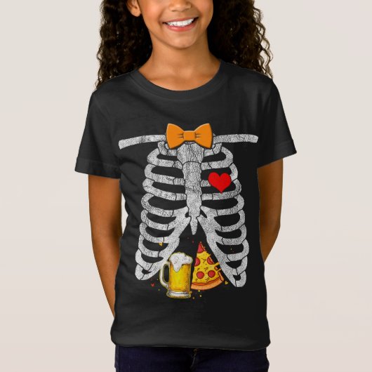 スケルトンハロウィーンビアピザおもしろい妊娠クーデター Tシャツ (正面)