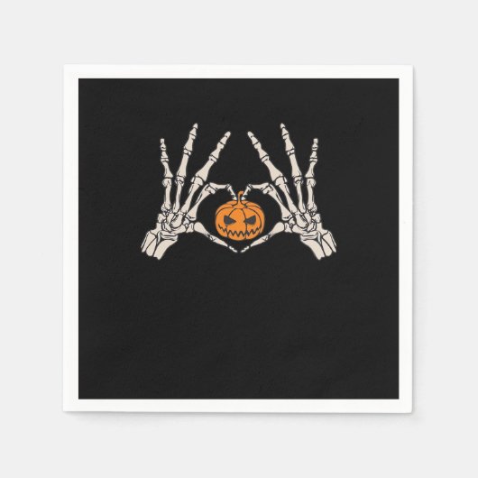 スケルトンハンドハート及びカボチャおもしろいスカルハロー スタンダードカクテルナプキン (正面)