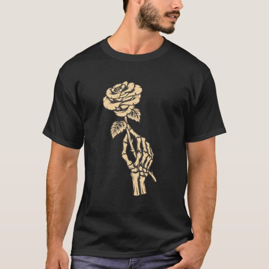 スケルトンハンド保持バラ審美紅花 Tシャツ (正面)