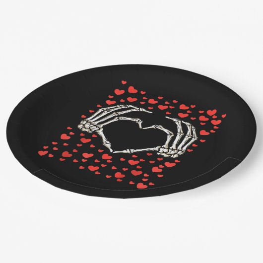 スケルトンハンド赤いハート誕生日ヴァレンティンズデイ ペーパープレート (アングル)