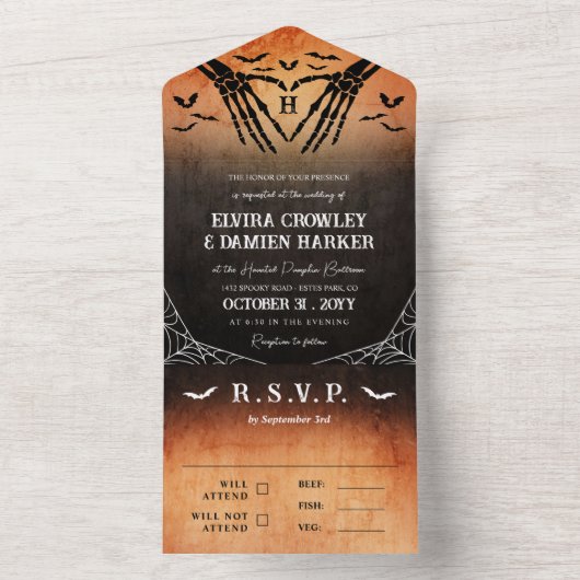 スケルトンハートモノグラムハロウィン結婚ゴシック オールインワン招待状 (内側)