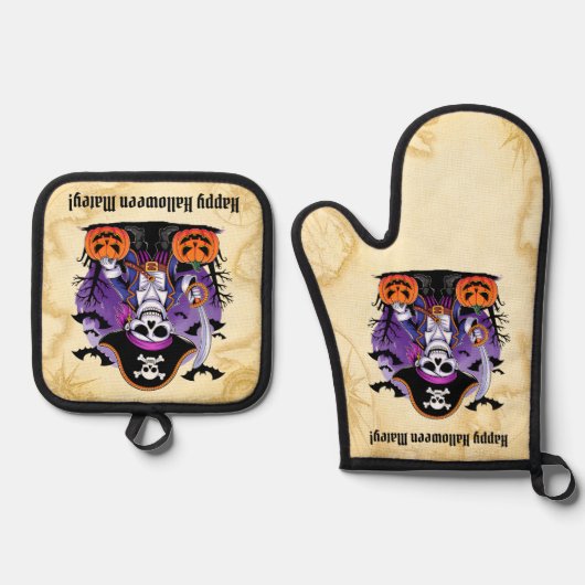 スケルトンパイレーツハッピーハローウィンマテイ 鍋つかみ&鍋敷きセット (正面)