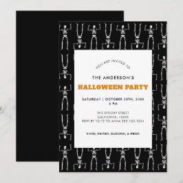 スケルトンパターンのブラックハロウィンパーティー 招待状
