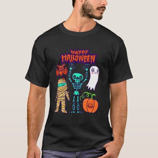スケルトンパンプキン幽霊こうもりハッピーハローウィン Tシャツ (正面)