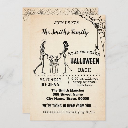 スケルトンファミリ引っ越し祝いパーティーハローウィンパーティBash 招待状 (正面/裏面)
