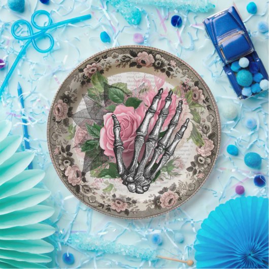 スケルトンファンシーハンドとバラヴィンテージハロウィーン ペーパープレート (パーティー)