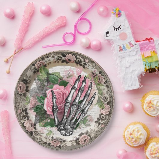 スケルトンファンシーハンドとバラヴィンテージハロウィーン ペーパープレート (パーティー)