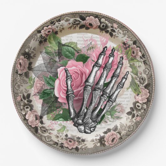 スケルトンファンシーハンドとバラヴィンテージハロウィーン ペーパープレート (正面)