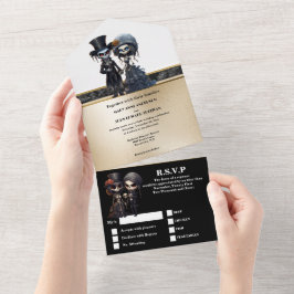 スケルトンブライダル対金ゴールドブラックエレガントゴシック オールインワン招待状