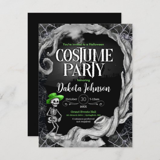 スケルトンブラックハロウィーンの衣装パーティの招待状 インビテーションポストカード (正面/裏面)