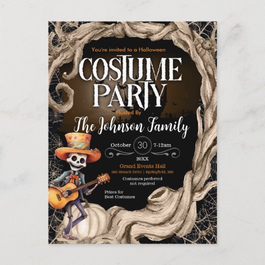 スケルトンブラックハロウィーンの衣装パーティの招待状 インビテーションポストカード (正面)