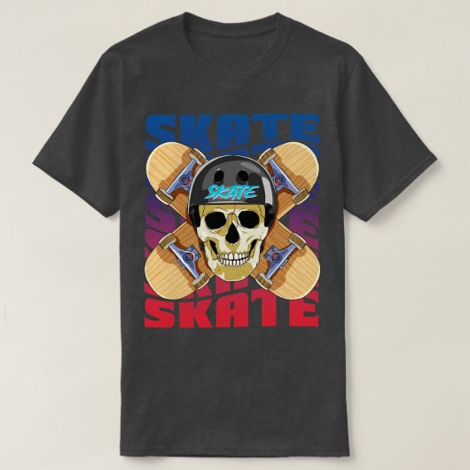 スケルトンヘルメットスケートボーダースケートボードデッキ Tシャツ (デザイン正面)