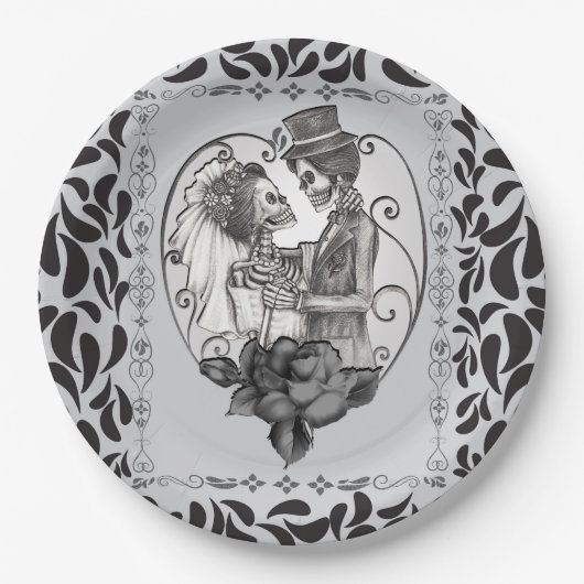 スケルトンラブカップル結婚ダンスゴシックウェディング ペーパープレート (正面)