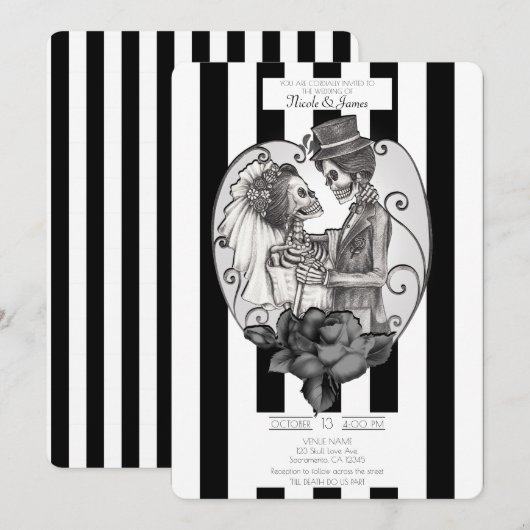 スケルトンラブカップル 結婚ダンス ゴシックウェディング 招待状 (正面/裏面)