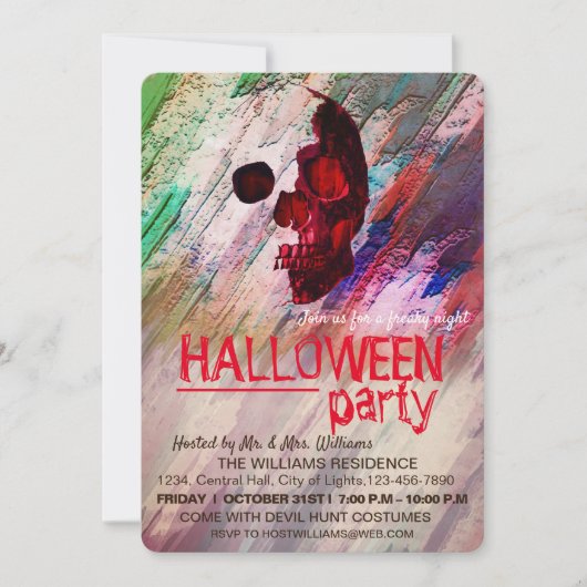 スケルトンレッド色彩の鮮やかハロウィーンウォーターカラーRetroArt 招待状 (正面)