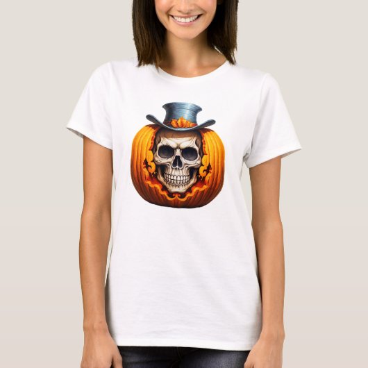 スケルトン不気味カボチャのトップハットボーンハロウィーン Tシャツ (正面)