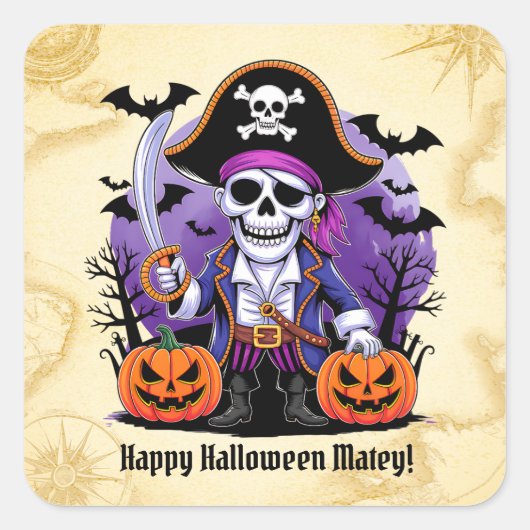 スケルトン不気味海賊ハロウィーン スクエアシール (正面)