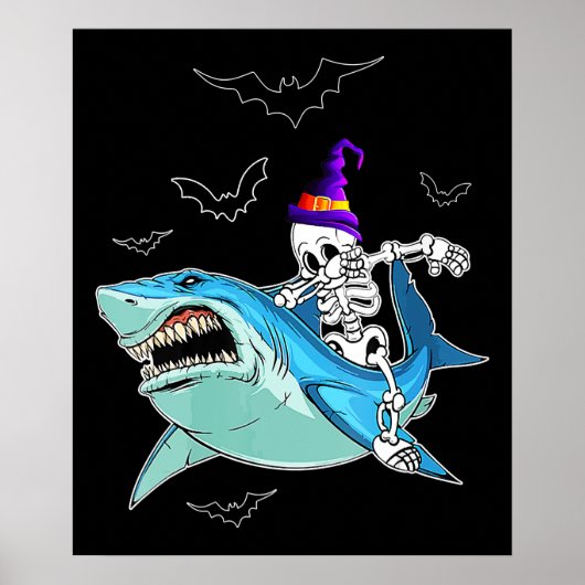 スケルトン乗馬おもしろいサメ熱狂する – ハロウィーンギフト ポスター (正面)