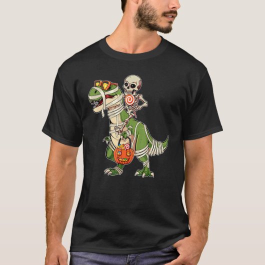 スケルトン乗馬の恐竜ハロウィンキャンディースイーツ Tシャツ (正面)
