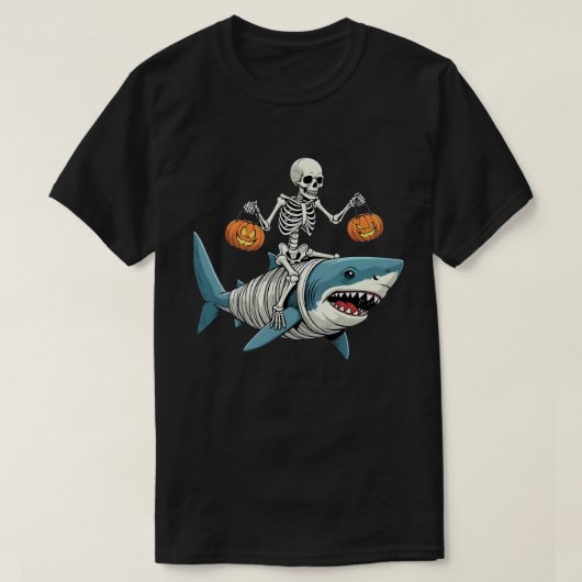 スケルトン乗馬シャークミイラ面白いハロウィーン Tシャツ (デザイン正面)