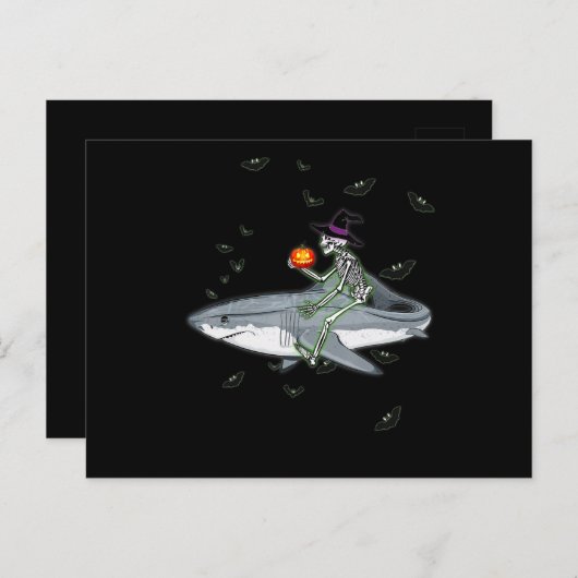 スケルトン乗馬シャーク – 面白いハロウィーンシャークギフト 案内ポストカード (正面/裏面)