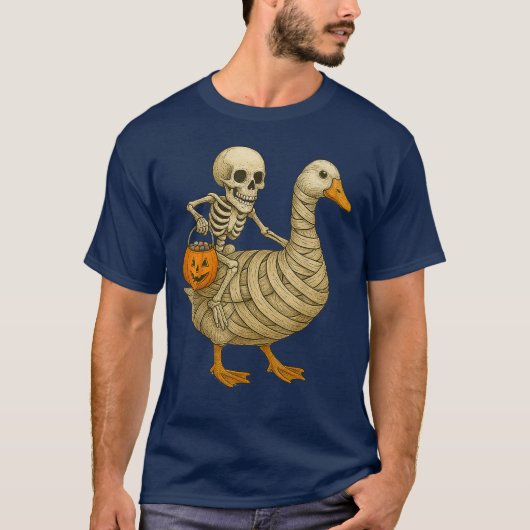 スケルトン乗馬ママガングースハロウィーンパンプおもしろいキン Tシャツ (正面)