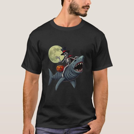 スケルトン乗馬ミイラサメ面白いハロウィーンかぼちゃ Tシャツ (正面)
