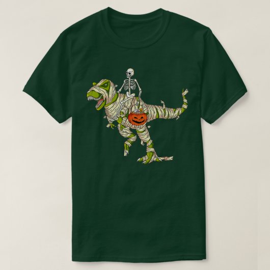 スケルトン乗馬ミイラ恐竜レックスハロウィンおもしろい Tシャツ (デザイン正面)