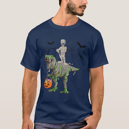スケルトン乗馬ミイラ恐竜レックスハロウィンおもしろい Tシャツ (正面)