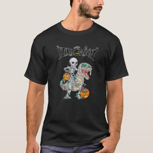スケルトン乗馬ミイラ恐竜レックスハロウィンキッズ Tシャツ (正面)