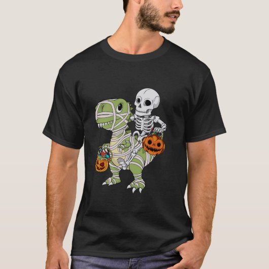 スケルトン乗馬ミイラ恐竜Tレックスハロウィンおもしろい Tシャツ (正面)