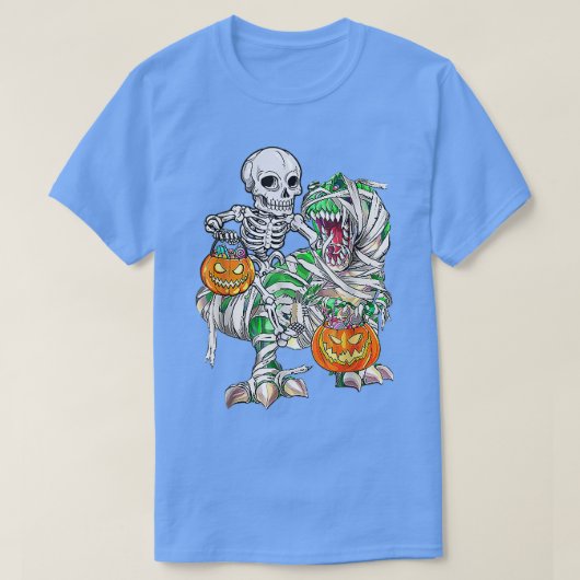 スケルトン乗馬ミイラ恐竜Tレックスハロウィンおもしろい Tシャツ (デザイン正面)