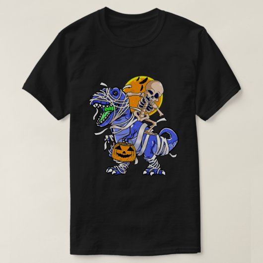 スケルトン乗馬ミイラ恐竜Tレックスハロウィンおもしろい Tシャツ (デザイン正面)