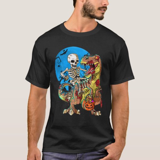 スケルトン乗馬ミイラ恐竜Tレックスハロウィンおもしろい Tシャツ (正面)
