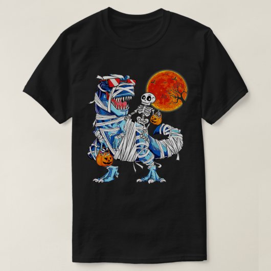 スケルトン乗馬ミイラ恐竜Tレックスハロウィンおもしろい Tシャツ (デザイン正面)