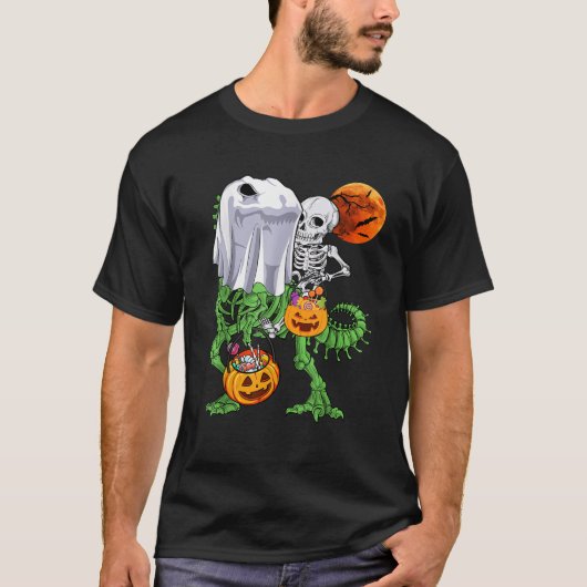 スケルトン乗馬ミイラ恐竜Tレックスハロウィンおもしろい Tシャツ (正面)