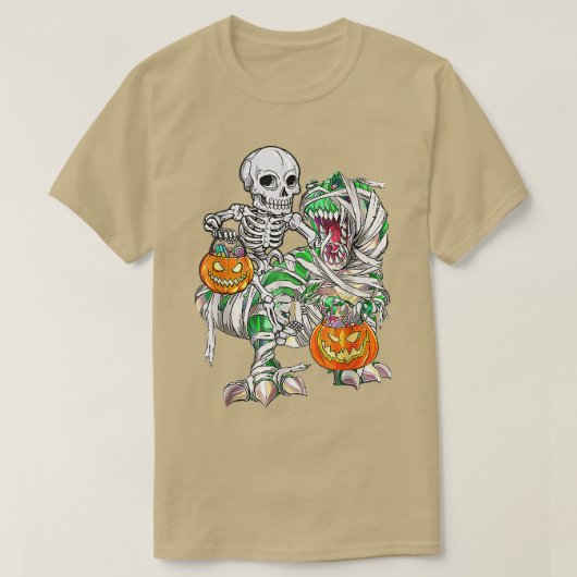 スケルトン乗馬ミイラ恐竜Tレックスハロウィンおもしろい Tシャツ (デザイン正面)