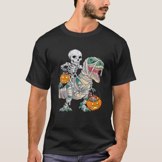 スケルトン乗馬ミイラ恐竜Tレックスハロウィンおもしろい Tシャツ (正面)