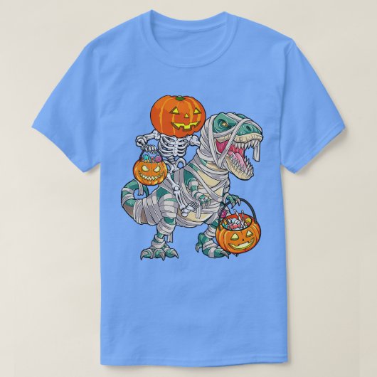 スケルトン乗馬ミイラ恐竜Tレックスハロウィンおもしろい Tシャツ (デザイン正面)